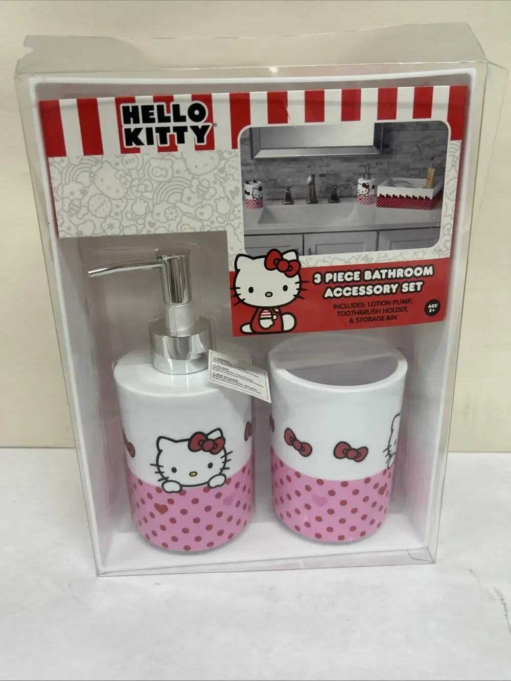 Hello Kitty 3 Pc Bathroom Accessory Set, Toothbrush Holder Soap Pump Storage Bin